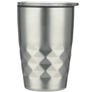 A stainless steel coffee mug with a textured, diamond pattern and a plastic lid. The mug has a silver finish.