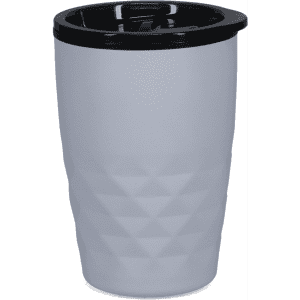 A coffee mug with a textured grey body and a black lid, featuring a logo.