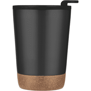 A coffee mug in matte black with a cork base and a straw. The mug features a logo on the side.