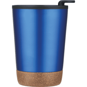 A blue drinkware mug with a cork base and a black straw, featuring a simple logo.