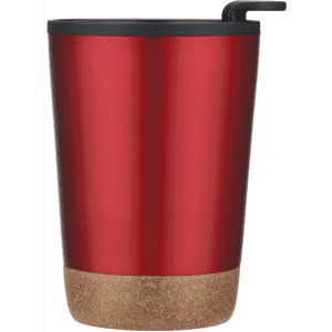A coffee mug in glossy red with a cork base and a black straw lid. The mug features a logo.
