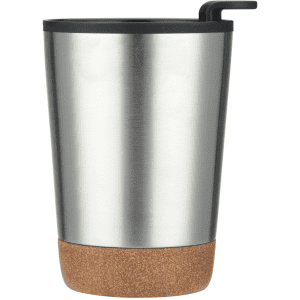 A stainless steel coffee mug with a cork base and a black lid featuring a straw. It has a simple design.