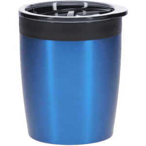 A blue coffee mug with a black lid and a sleek, modern design. It features a logo on the surface.