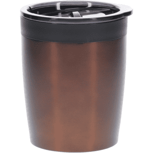 A coffee mug in a bronze finish with a black lid and a built-in drink spout. It features a logo on the front.