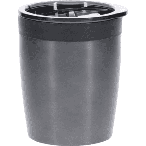 A coffee mug in matte black, featuring a lid and a sleek design, with a logo on the side.