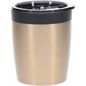 A coffee mug in a gold metallic finish with a black lid and a built-in straw. It features a logo on the side.
