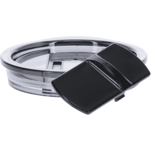 A coffee mug lid in black with a transparent silicone rim, featuring a flip top closure and a sleek design.