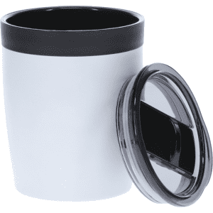 A coffee mug in white with a black lid and a black band near the top. It features a transparent lid.