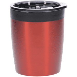 A drink mug in a glossy red finish with a black lid and a logo. Ideal for hot beverages.