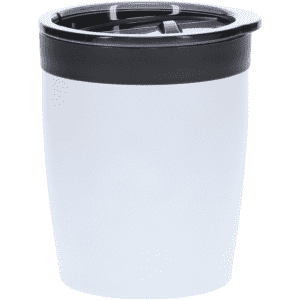 A coffee mug in white with a black lid and a logo. Sleek and modern design for drinkware.