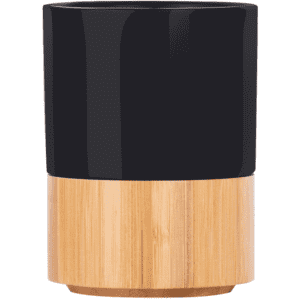 A coffee mug with a black upper section and a bamboo base, featuring a logo.