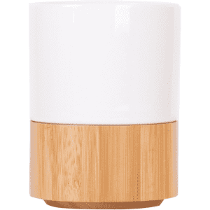 A white coffee mug with a bamboo base, featuring a smooth cylindrical design and a branding logo.