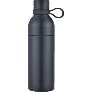 A drink bottle in matte black with a screw top and a loop handle, featuring a logo.