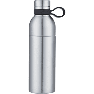 A drink bottle in stainless steel with a black loop handle. It features a sleek, modern design.