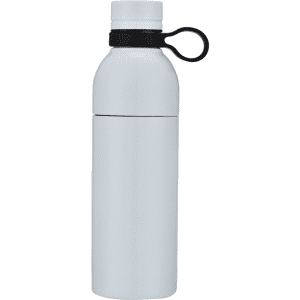 A drink bottle in a sleek white design with a black cap and handle. It features a logo on the body.