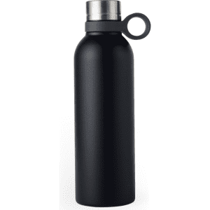 A drink bottle in matte black, featuring a stainless steel lid and a looped handle. It includes a logo.