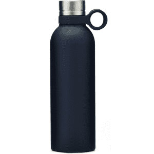 A drink bottle in navy blue with a stainless steel lid and a round handle on the side. Features a logo.