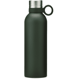 A drink bottle in a dark green hue with a stainless steel lid and a convenient carrying loop.