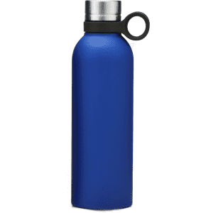 A drink bottle in a vibrant blue colour with a stainless steel lid and a black silicone handle.