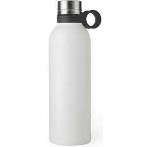 A drink bottle in white with a stainless steel lid and a black handle. It features a logo.
