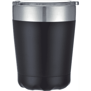 A black coffee mug with a silver band around the top and a clear lid. It features a logo.