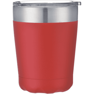 A red coffee mug with a stainless steel rim and a clear lid, featuring branding on the surface.