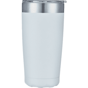 A coffee mug in white with a silver-coloured lid and a logo on the side.