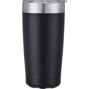 A black coffee mug with a stainless steel lid, featuring a sleek design and a logo.