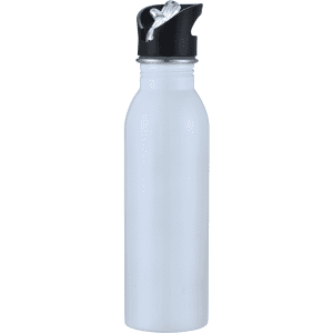 A drink bottle with a black lid and a transparent white body, featuring a logo on the side.