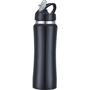 A drink bottle in black with a flip-top lid and a built-in straw. It features a logo on the body.