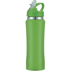 A drink bottle in vibrant green with a flip-top lid and a built-in straw. It features a metal band near the top.