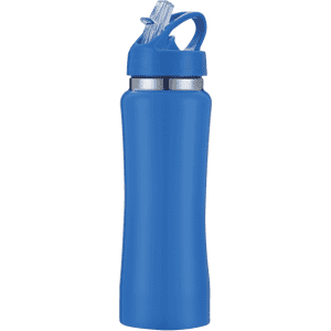 A drink bottle in blue with a straw and a secure lid, featuring a branded logo.