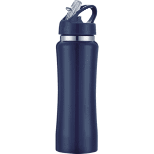 A drink bottle in navy blue with a silver band and a straw top. It features a logo on the front.