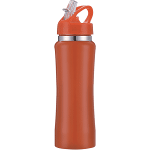 A drink bottle in vibrant orange with a silver band and a straw top, featuring a logo.