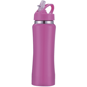 A drink bottle in vibrant pink with a screw-top lid and a built-in straw, featuring a logo.