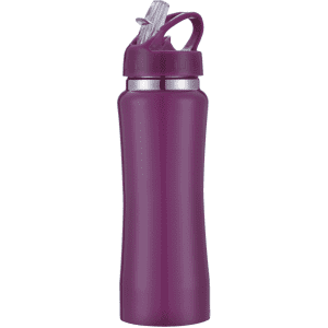 A drink bottle in a vibrant purple colour features a flip-top lid and a built-in straw. It has a logo on it.