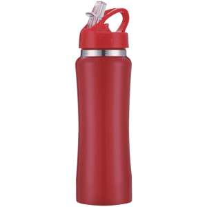A drink bottle in red with a transparent straw and a carrying handle, featuring a silver band near the top.