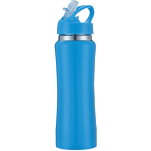 A drink bottle in bright blue with a silver base and a straw lid, featuring a logo on the cap.