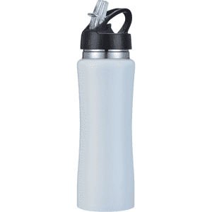 A drink bottle in a translucent white design, featuring a black straw and cap, with a logo on the side.