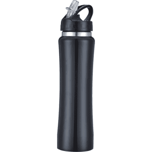 A drink bottle in sleek black with a spout and a carrying loop, featuring a logo on the cap.