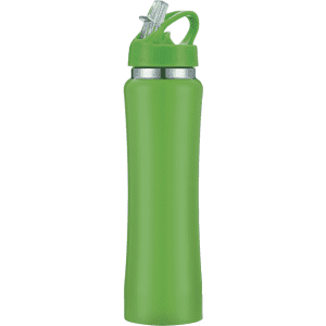 A drink bottle in bright green with a sleek design and a flip-top straw. It features a branding logo.