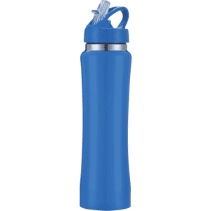 A drink bottle in bright blue with a double wall design and a straw for easy sipping. Features a logo.