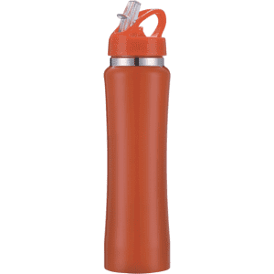A drink bottle in vibrant orange with a silver accent and a straw cap, featuring a logo on the body.