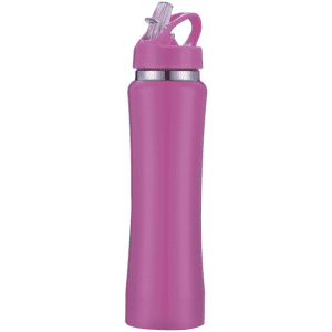 A drink bottle in vibrant pink with a flip-top lid and a sleek design. It features a silver accent and a logo.