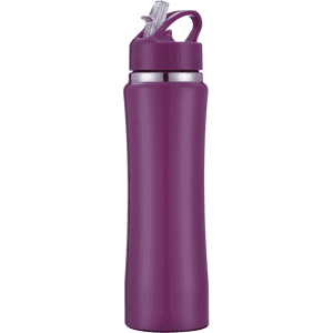 A drink bottle in a rich purple hue with a secure lid and built-in straw, featuring a logo.