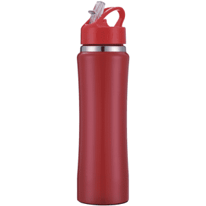 A drink bottle in vibrant red with a straw lid and a silver band around the neck. The bottle has a sleek design.