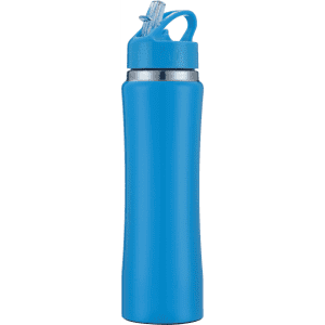 A drink bottle in a vibrant blue colour with a silver band and a flip-top straw. It features a logo.