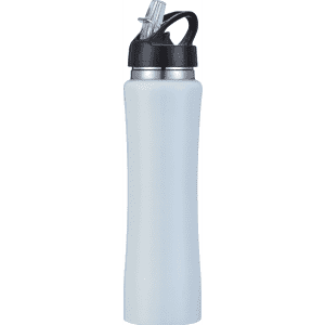 A drink bottle in a light grey colour with a black cap and a straw. It features a logo on the front.