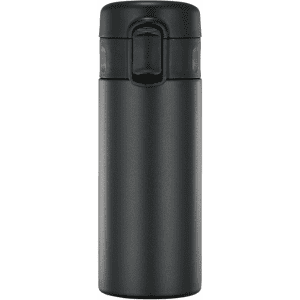 A drink bottle in matte black with a flip-top lid and a built-in handle. Features a logo on the surface.