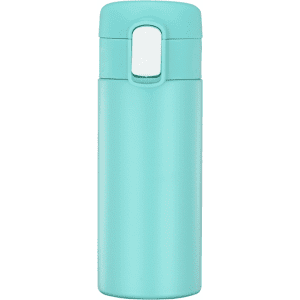 A drink bottle in a light teal colour with a flip-top lid and a logo.